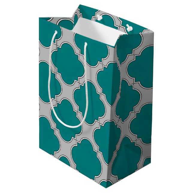 Quatrefoil teal and grey medium gift bag (Back Angled)