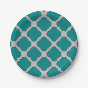 Quatrefoil teal and grey paper plate