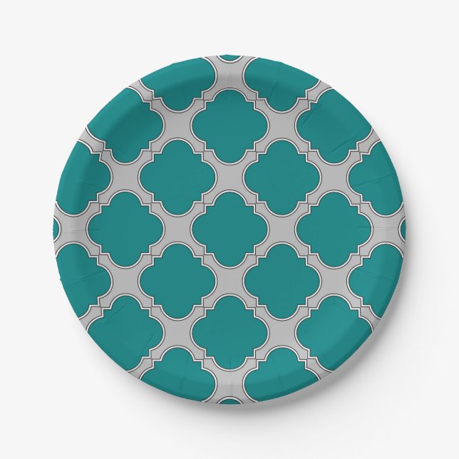 Quatrefoil teal and grey paper plate (Front)