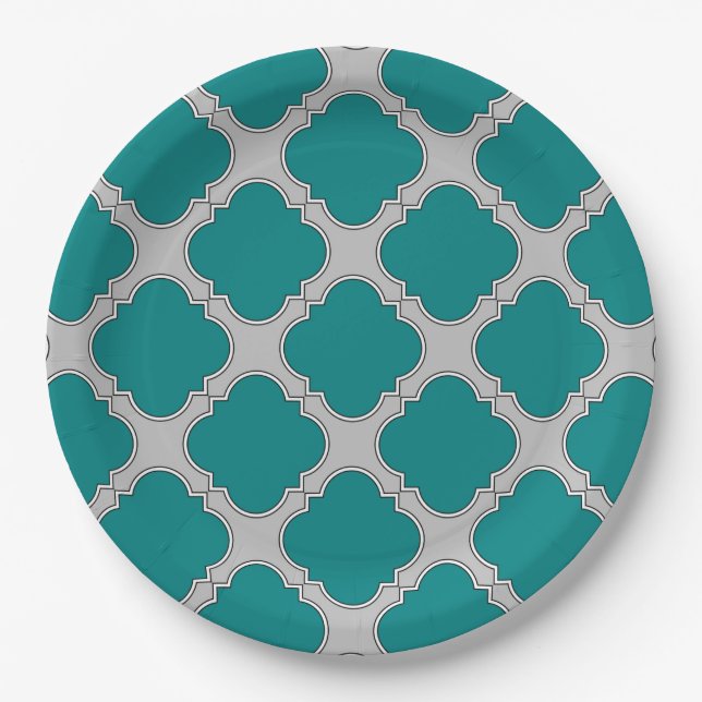 Quatrefoil teal and grey paper plate (Front)