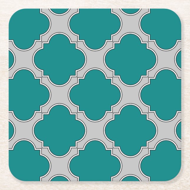 Quatrefoil teal and grey square paper coaster (Front)