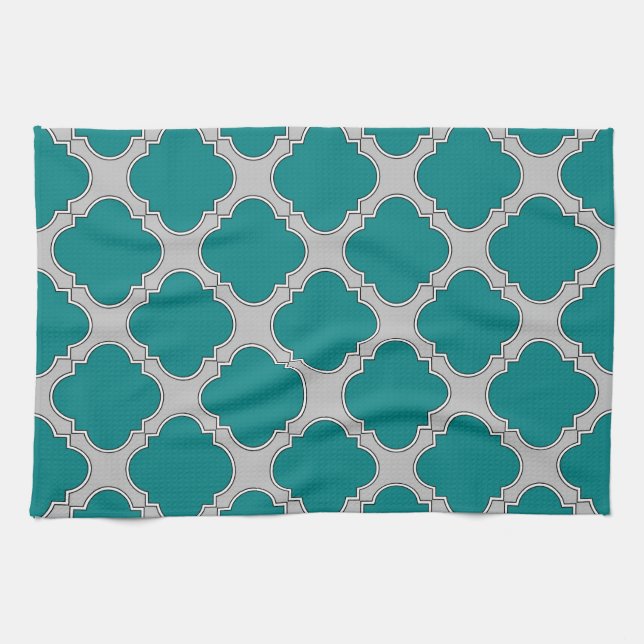 Quatrefoil teal and grey tea towel (Horizontal)