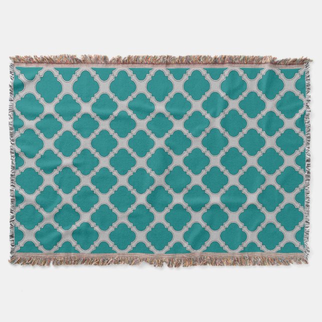 Quatrefoil teal and grey throw blanket (Front)