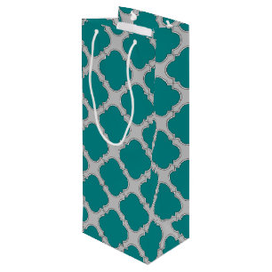 Quatrefoil teal and grey wine gift bag