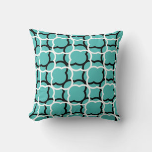 Quatrefoil Teal Blue Black White Lattice Patterns Cushion