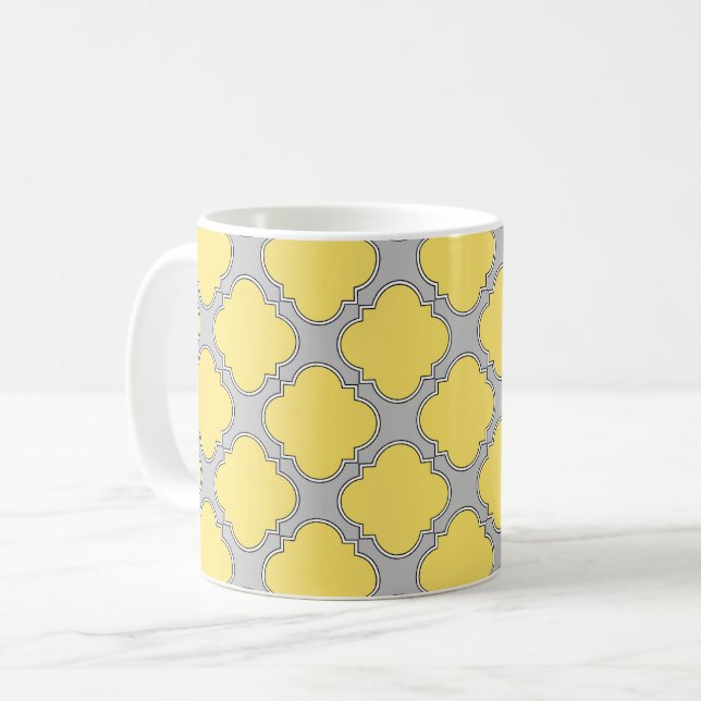 Quatrefoil yellow and grey coffee mug (Front Left)