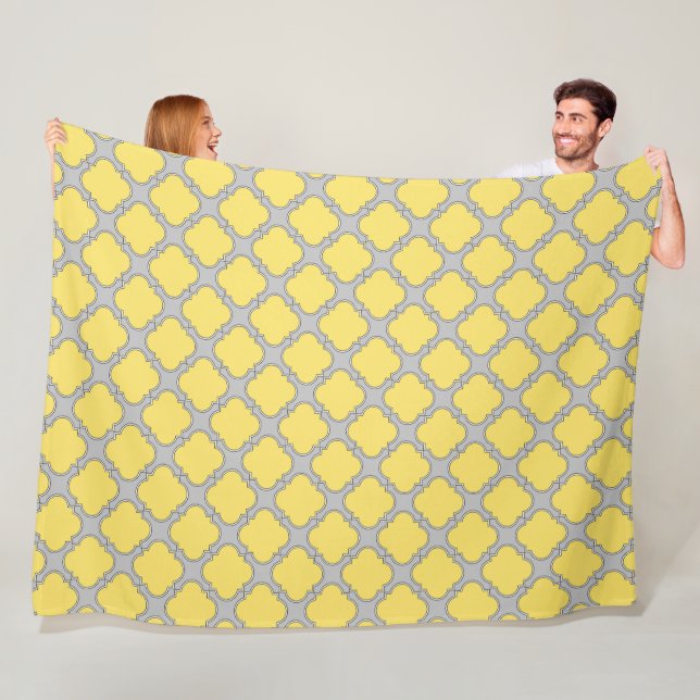Quatrefoil yellow and grey fleece blanket (In Situ)