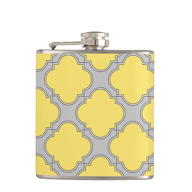 Quatrefoil yellow and grey hip flask (Front)