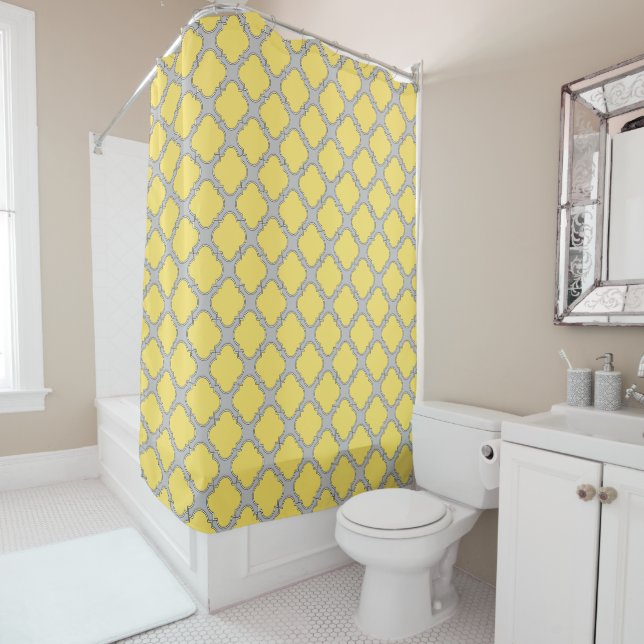 Quatrefoil yellow and grey shower curtain (In Situ)