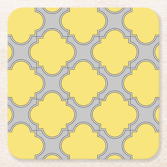 Quatrefoil yellow and grey square paper coaster (Front)