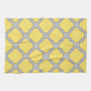 Quatrefoil yellow and grey tea towel