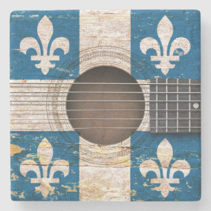 Quebec Flag on Old Acoustic Guitar Stone Coaster