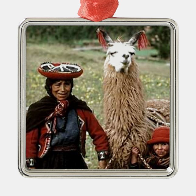 Quechua Woman with Two Llamas Photo Metal Tree Decoration (Front)