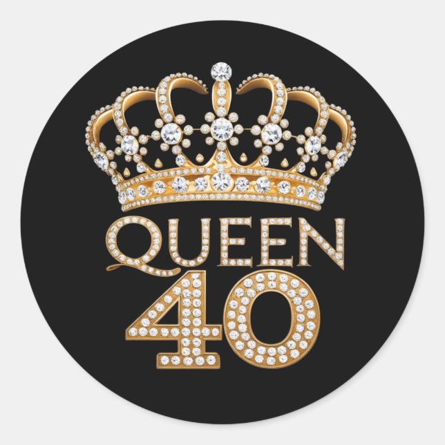 Queen 40 Birthday Black And Gold Crown Glam Design Classic Round Sticker (Front)