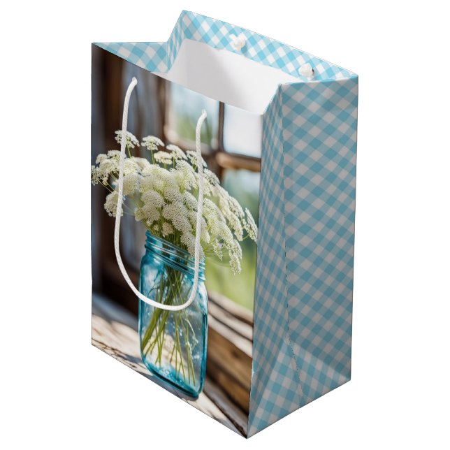 Queen Anne's Lace In Aqua Mason Jar Medium Gift Bag (Front Angled)