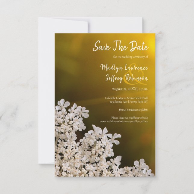 Queen Anne's Lace wildflower wedding details Save The Date (Front)