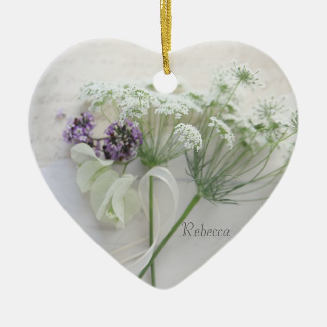 Queen Anne's lace with script Ceramic Tree Decoration (Front)