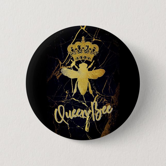 QUEEN BEE Black & Gold Marble BUTTON (Front)