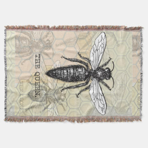 Queen Bee Bug Insect Antique Illustration Throw Blanket