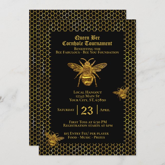 Queen Bee Cornhole Tournament Fundraiser  Invitation (Front/Back)
