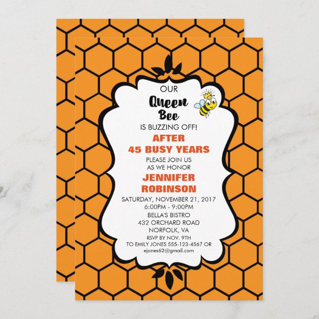Queen Bee Cute Bumble Bee with Crown Retirement Invitation (Front/Back)