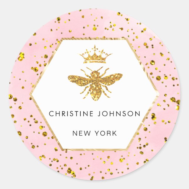 • queen bee faux glitter pink watercolor classic round sticker (Front)