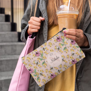 Queen Bee Floral Monogram Rose Gold Modern Accessory Pouch