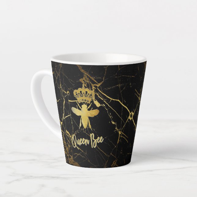 QUEEN BEE Gold Black Marble Latte Mug (Left Angle)