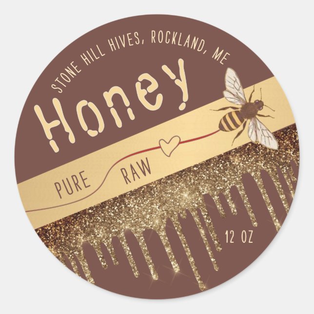 Queen Bee Gold Iridescent Honey Drips with Heart Classic Round Sticker (Front)