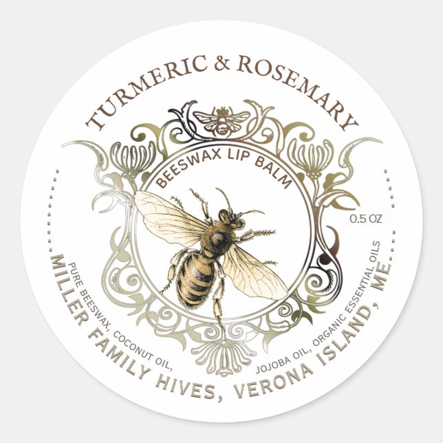 Queen Bee Gold Ornate Frame Beeswax Lip Balm Classic Round Sticker (Front)