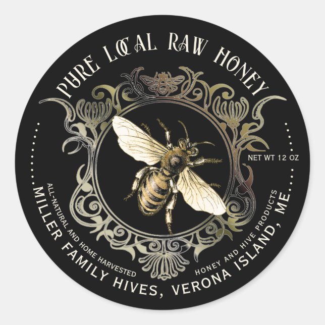 Queen Bee Gold Ornate Frame Honey Label Black (Front)