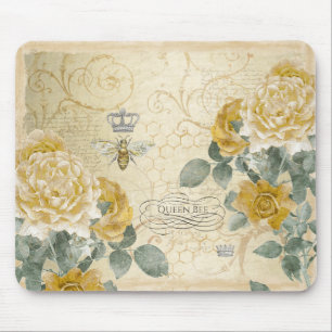 Queen Bee Golden Yellow Vintage Rose Royal Crown Mouse Pad