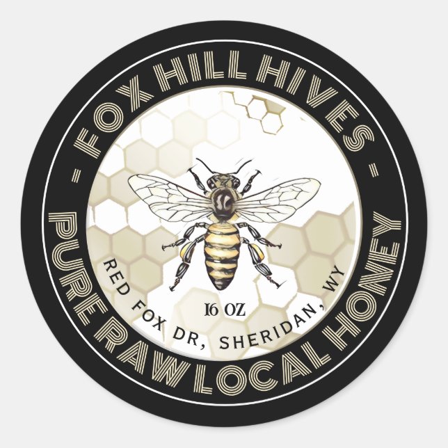 Queen Bee Honey Honeycomb on Black Label (Front)