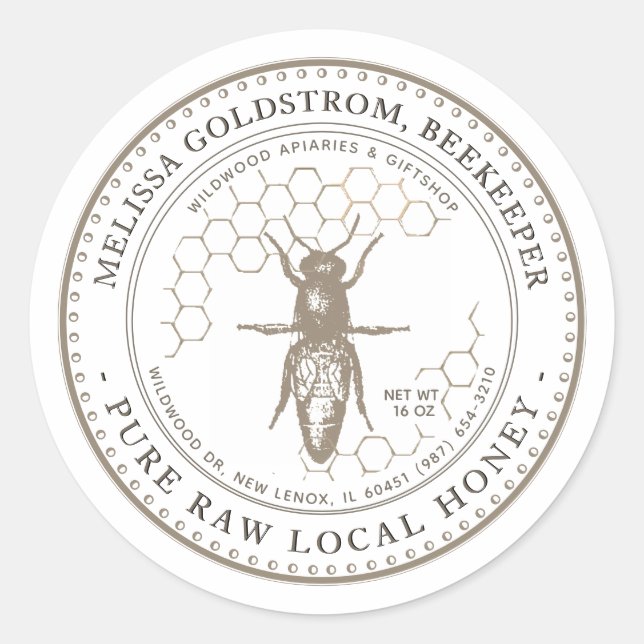 Queen Bee Honey Label with honeycomb taupe (Front)