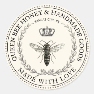 Queen Bee Honey with Vintage Illustrations Logo Classic Round Sticker