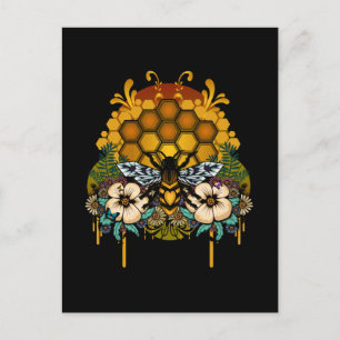 Queen Bee Honeycomb Floral Art Elegant Black Postcard