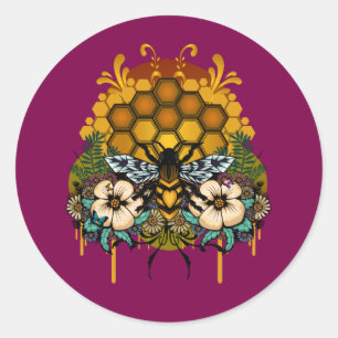Queen Bee Honeycomb Floral Magenta Neon Aesthetic Classic Round Sticker