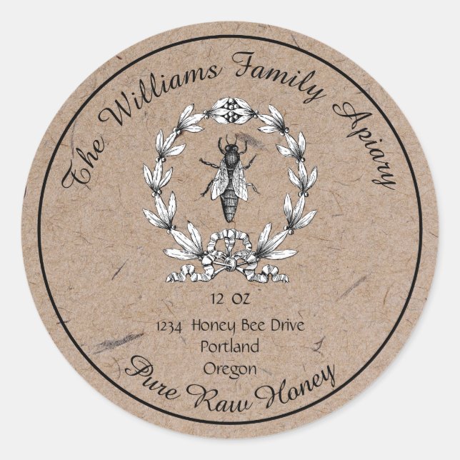 Queen Bee Kraft Paper Honey Apiary | Raw Honey Classic Round Sticker (Front)