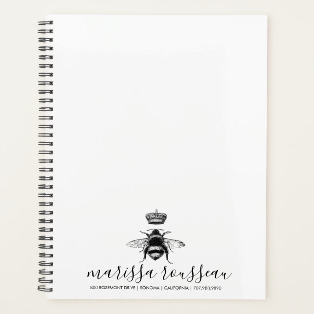 Queen Bee Logo Crown Handwritten Script Name  Planner (Front)