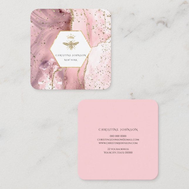queen bee logo on pink agate square business card (Front/Back)