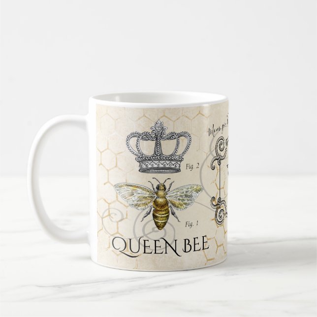 Queen Bee Mum Quote Honeycomb Monogram Coffee Mug (Left)