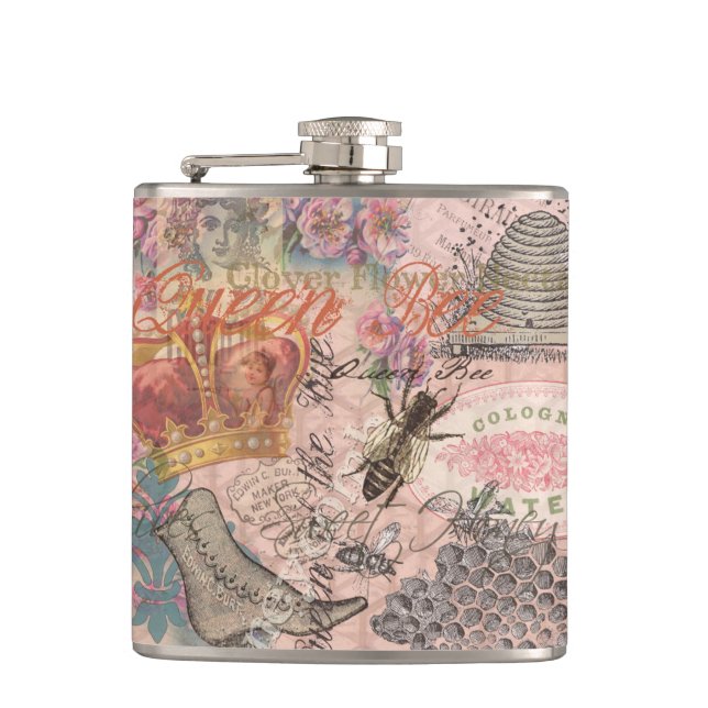 Queen Bee Vintage Beautiful Collage Hip Flask (Front)