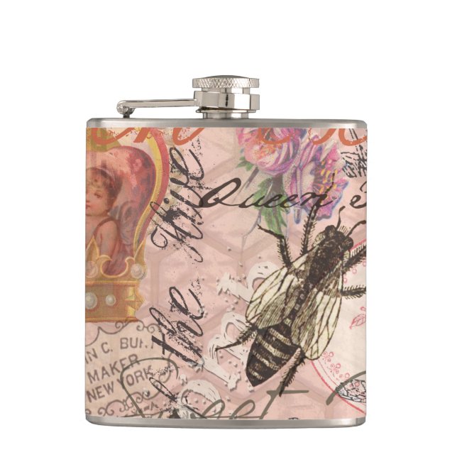Queen Bee Vintage Beautiful Collage Hip Flask (Front)