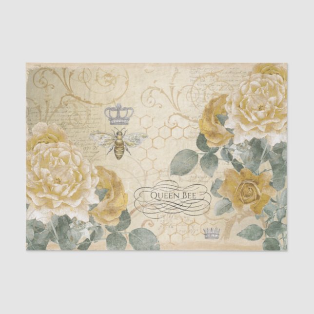 Queen Bee Yellow Roses with Damask Floral  Tissue Paper (Front)