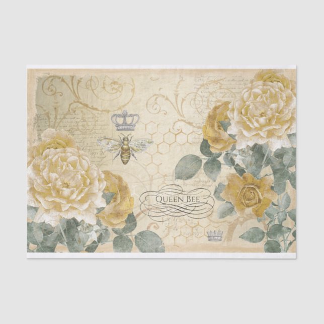 Queen Bee Yellow Roses with Damask Floral  Tissue Paper (Front)