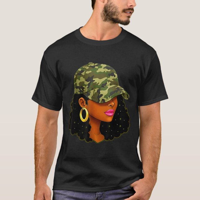 Queen Black Woman With Camo Cap Locs African Ameri T-Shirt (Front)