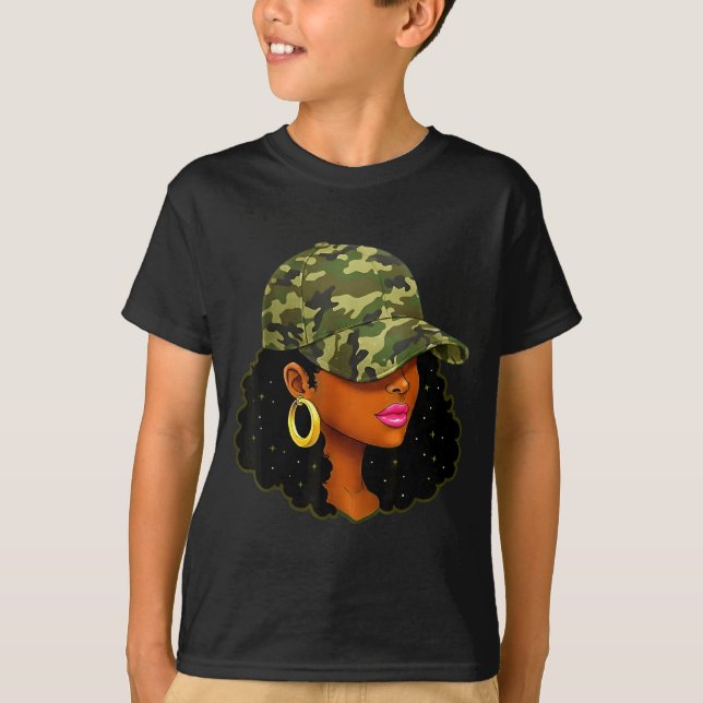 Queen Black Woman With Camo Cap Locs African Ameri T-Shirt (Front)