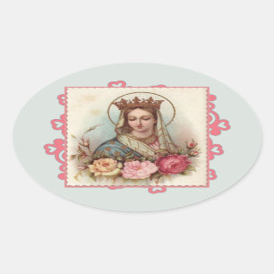 Queen Blessed Mother Virgin Mary Roses Oval Sticker