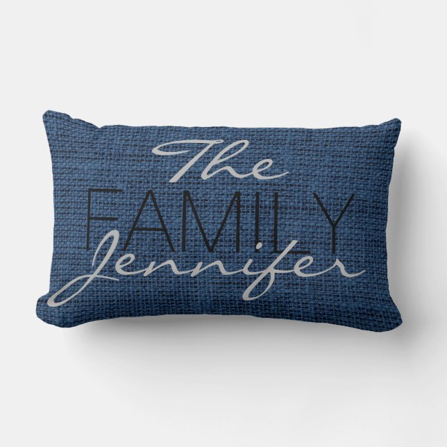 Queen Blue Burlap Rustic Linen Monogram Lumbar Cushion (Front)