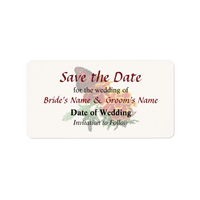 Queen Butterfly on Marigold Save the Date Label (Front)